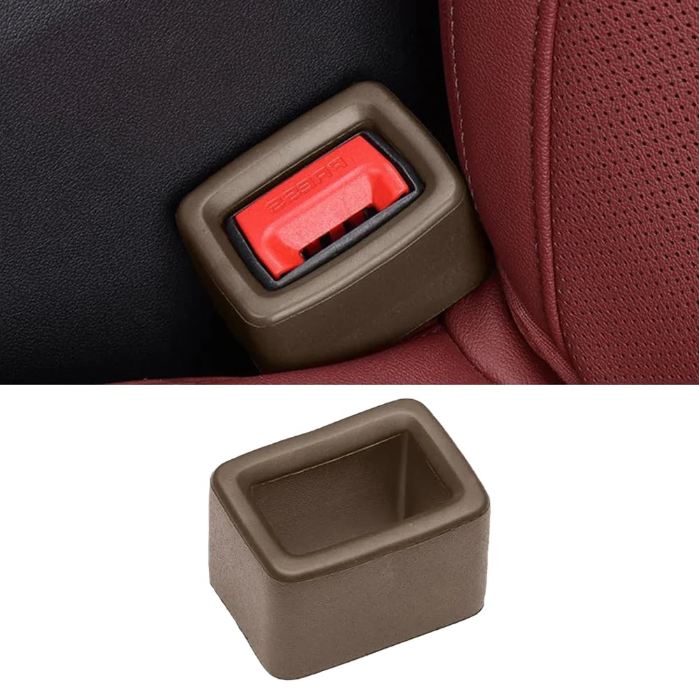 A protective cover for a car seatbelt buckle, shown in brown and red colors.