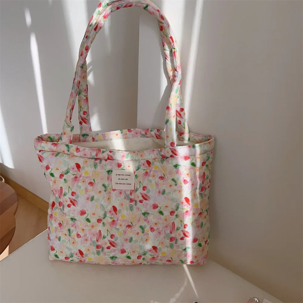 Quilted Floral Cotton Tote Bag with Padded Handle