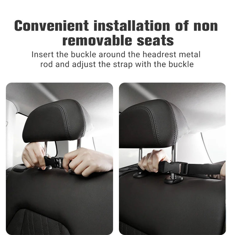 Hands are shown inserting a buckle around a headrest metal rod to install non-removable seats in a car.