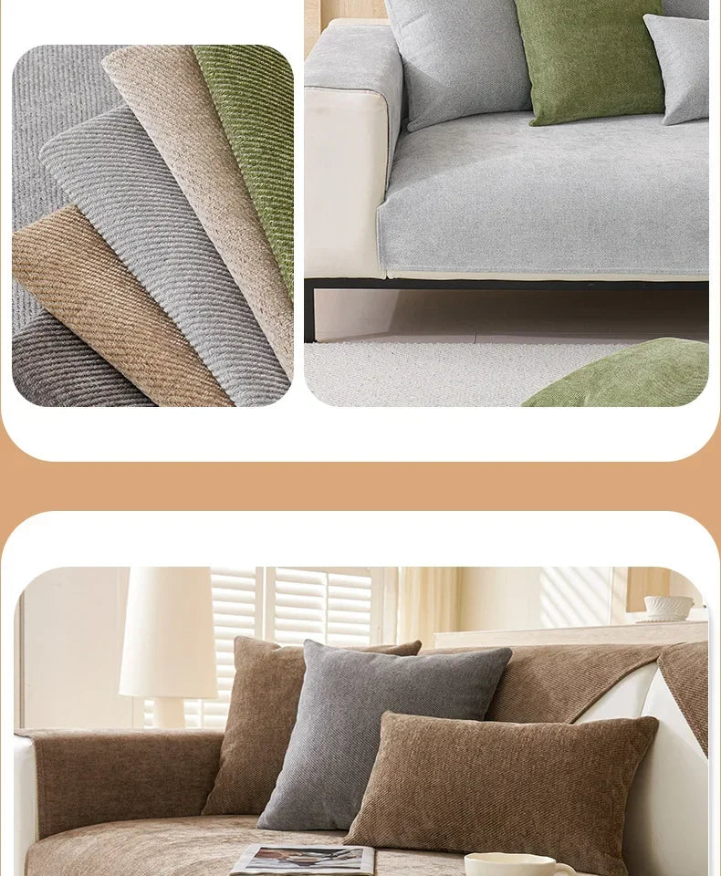 A close-up of a sofa covered in various textured pillows and a solid brown sofa cover.