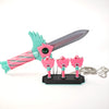 A set of four pink and teal dagger key necklaces with a silver blade and green handle displayed on a black base.