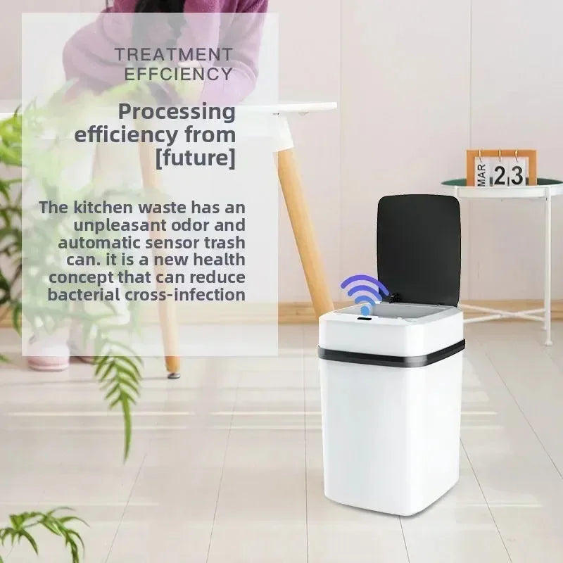 A white smart sensor touchless trash can is shown on a floor next to a wooden object, with text discussing processing efficie