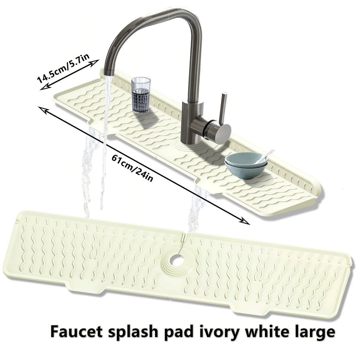 Large ivory white silicone faucet splash pad with a metal faucet and measuring lines.