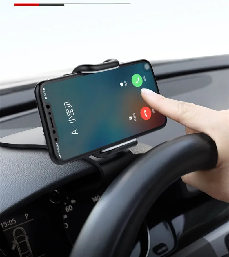 A hand places a smartphone onto a black car interior mount for hands-free viewing.