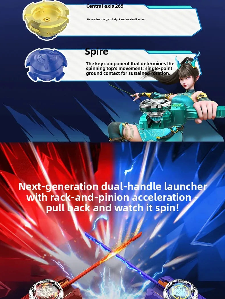A close-up of a blue and green battle top with a launcher, showing its components and a stylized action shot.