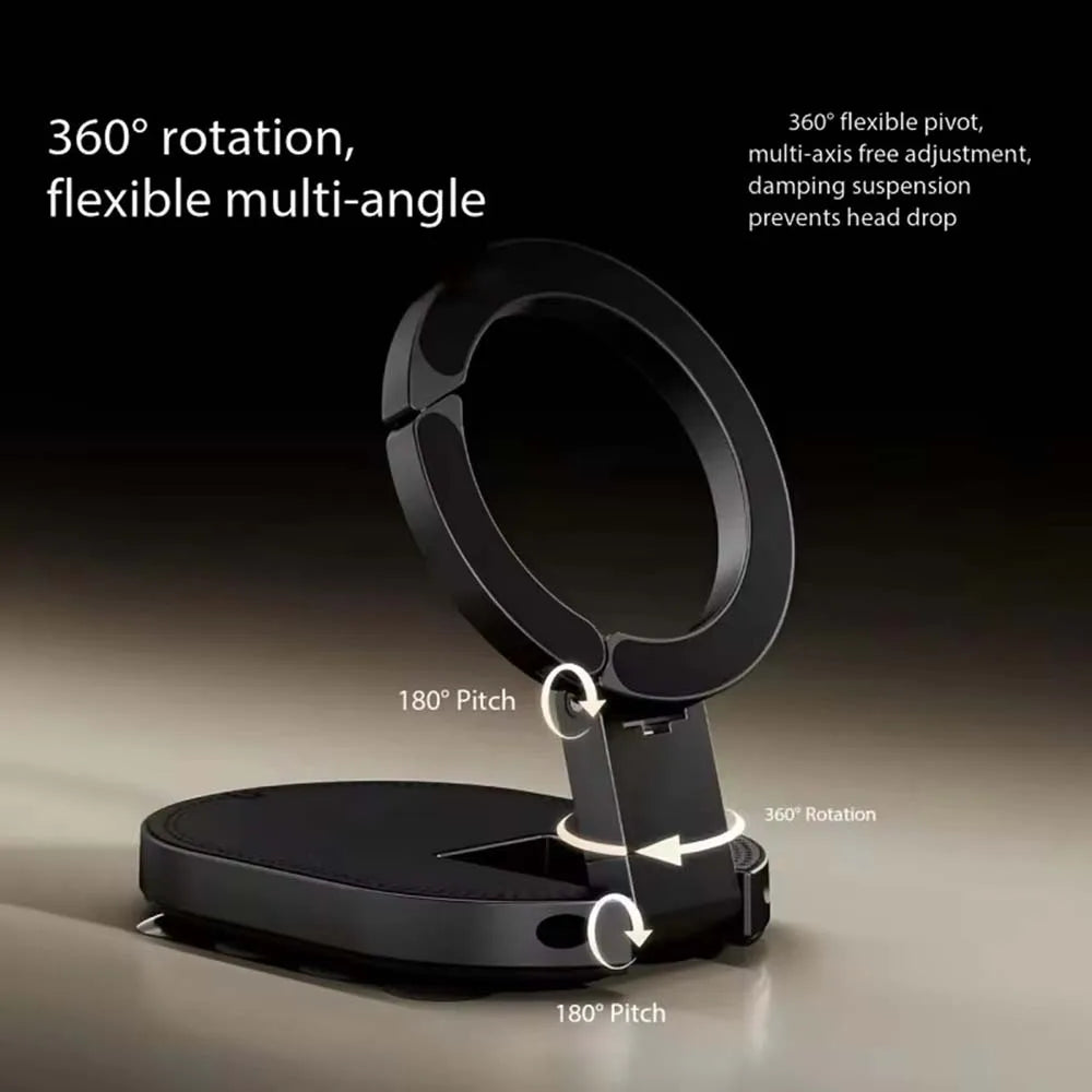 Black flexible multi-angle phone and tablet stand with 360 degree rotation and 180 degree pitch adjustment