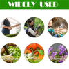 Stainless steel bypass pruning shears with an ergonomic grip shown next to branches, fruits, and flowers.