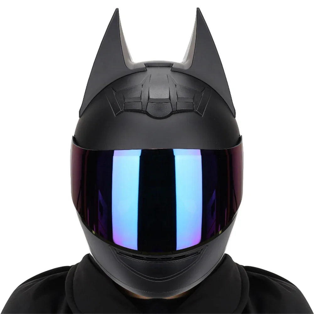 Black Bat Ear full face motorcycle helmet with a reflective visor