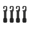A pair of black universal car headrest hooks used as storage hangers for bags and clothes.