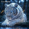 A majestic tiger is depicted in a sparkling 5D diamond painting kit design, featuring intricate stripes and brilliant blue ey