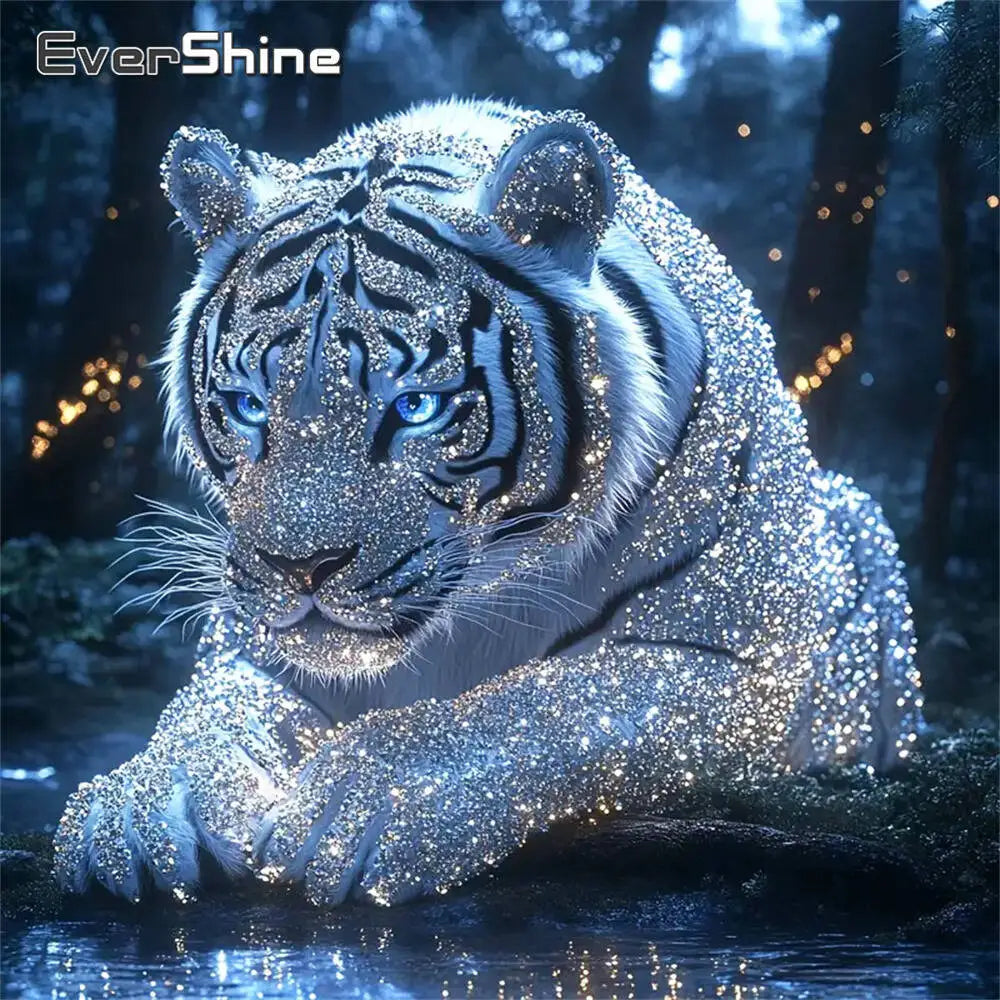 A majestic tiger is depicted in a sparkling 5D diamond painting kit design, featuring intricate stripes and brilliant blue ey