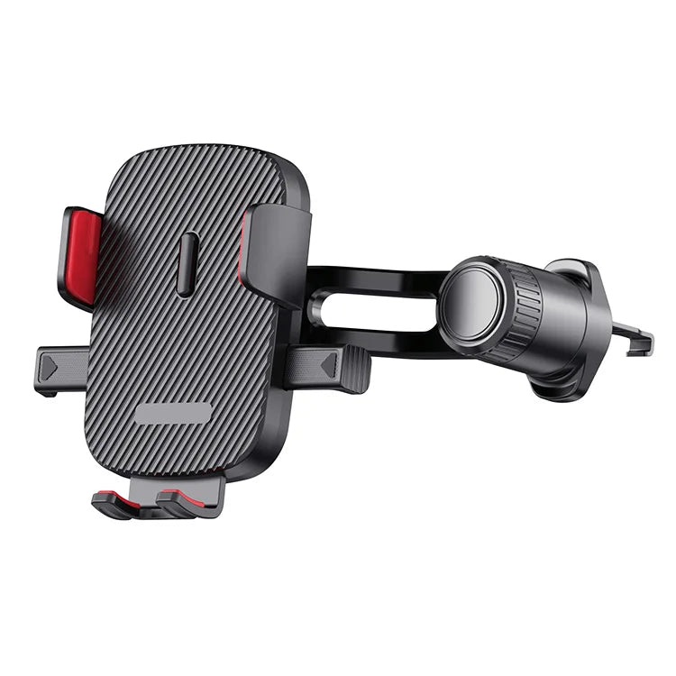 A black universal gravity car phone holder with a hook clip and adjustable clamp.