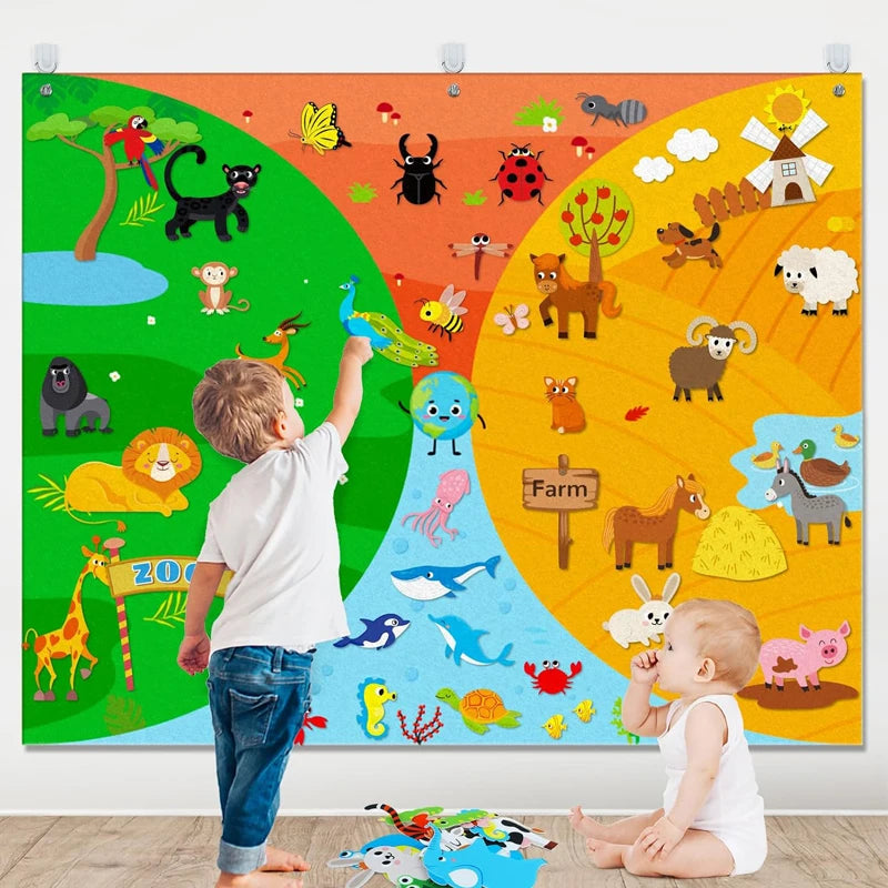 A child stands in front of a colorful busy board featuring various farm animals and nature elements.
