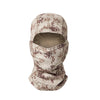 A beige and brown camouflage stretchy breathable balaclava cap worn on a mannequin.