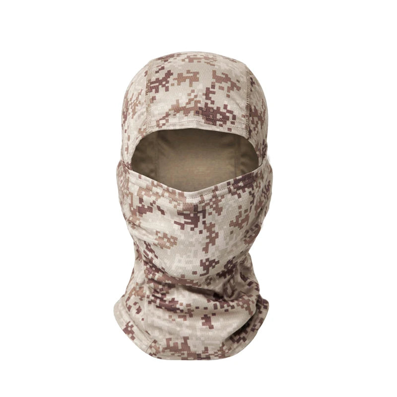 A beige and brown camouflage stretchy breathable balaclava cap worn on a mannequin.