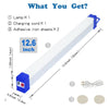 A white LED light bar is shown with a blue connector, a charging cord, and adhesive iron sheets.