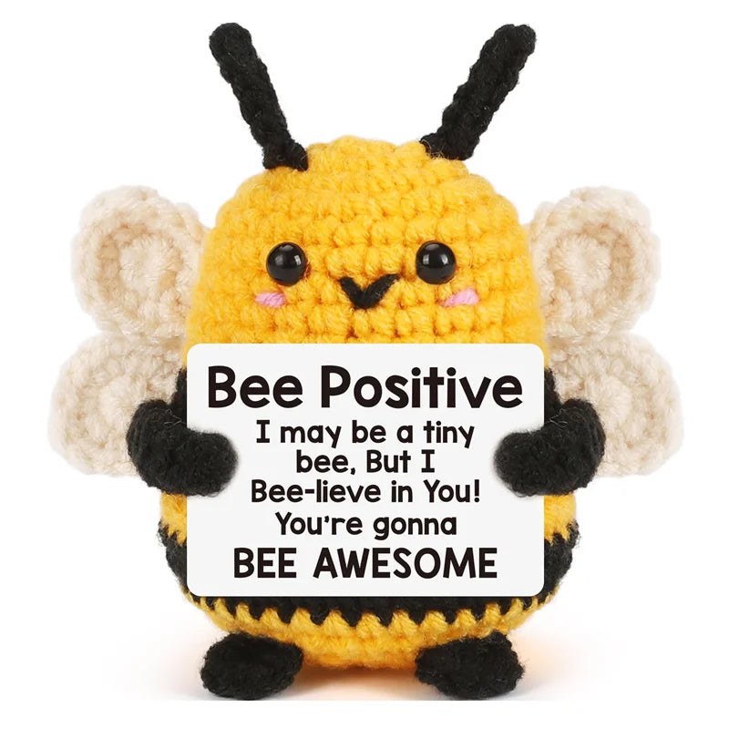 Handmade crochet bee animal doll with a positive message card