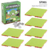 A set of six magnetic base plates for a Mineworld game, featuring green and red components.