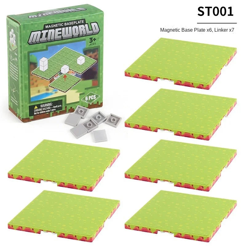 A set of six magnetic base plates for a Mineworld game, featuring green and red components.