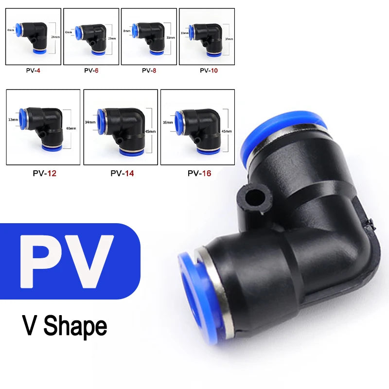 A collection of V-shaped pneumatic quick push-in fittings for air compressor tubing in various sizes and colors.