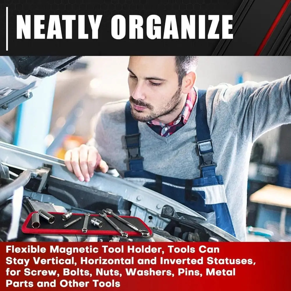 A man is organizing tools using a flexible magnetic tool holder on an engine part.