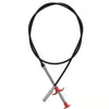A black drain unclogging tool with an ergonomic handle and a threaded tip.