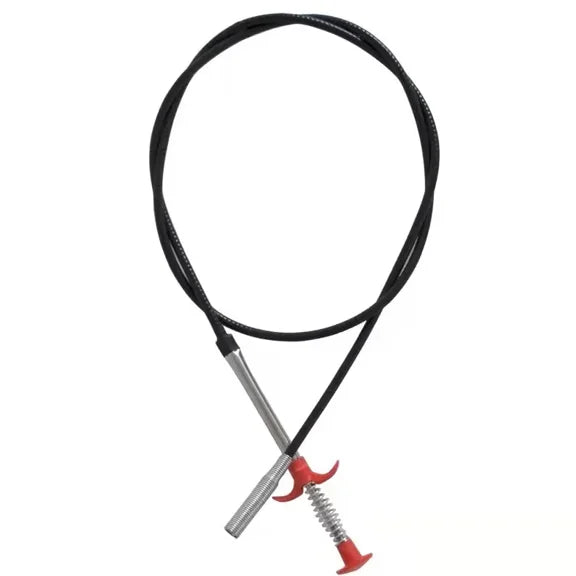 A black drain unclogging tool with an ergonomic handle and a threaded tip.