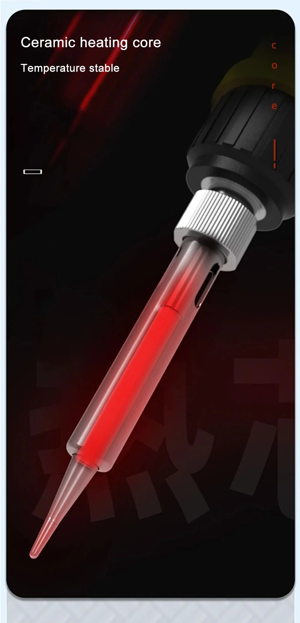 A close-up view of a ceramic heating core soldering iron with a red tip and silver adjustment collar.