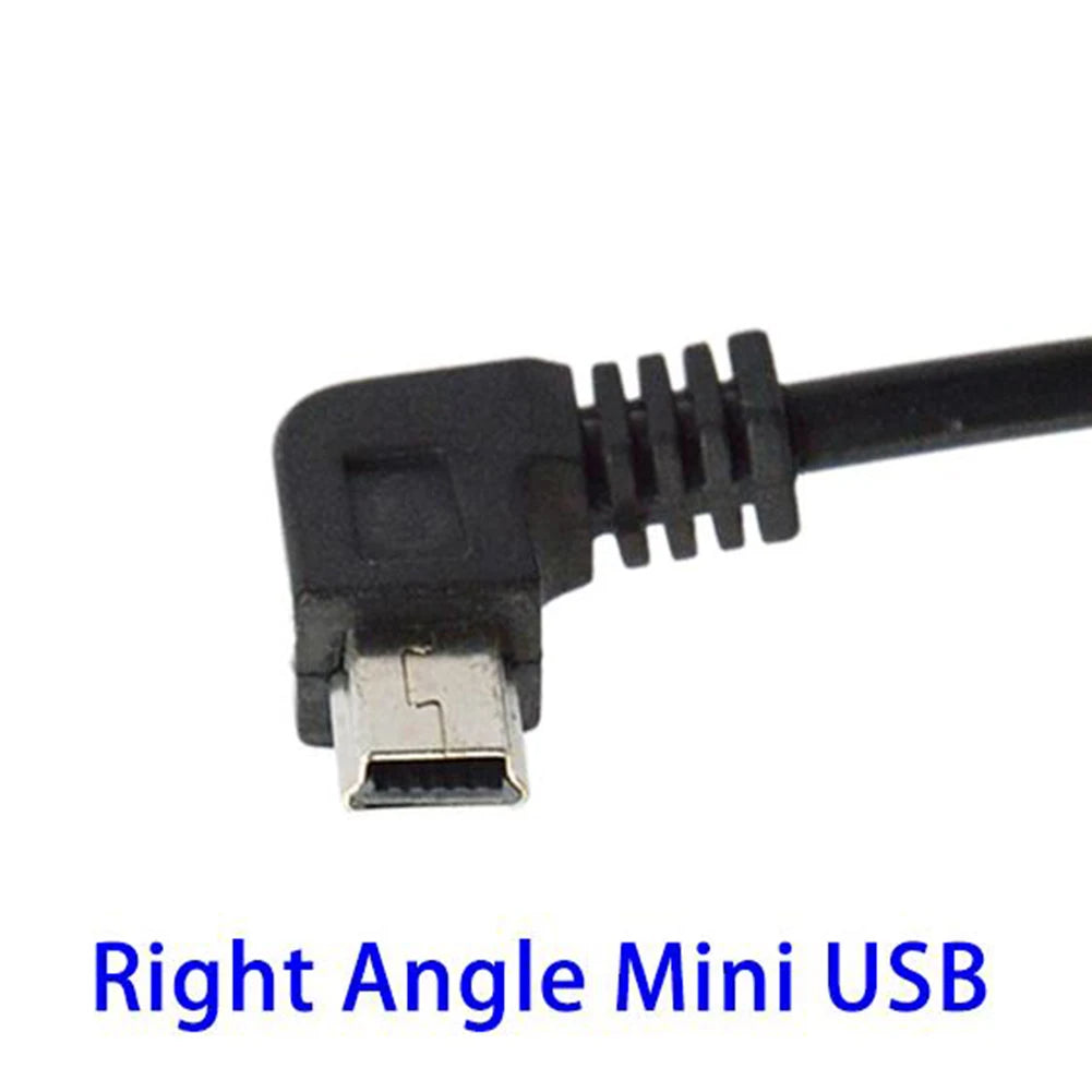 A black right angle mini USB connector with a micro USB cable tip.