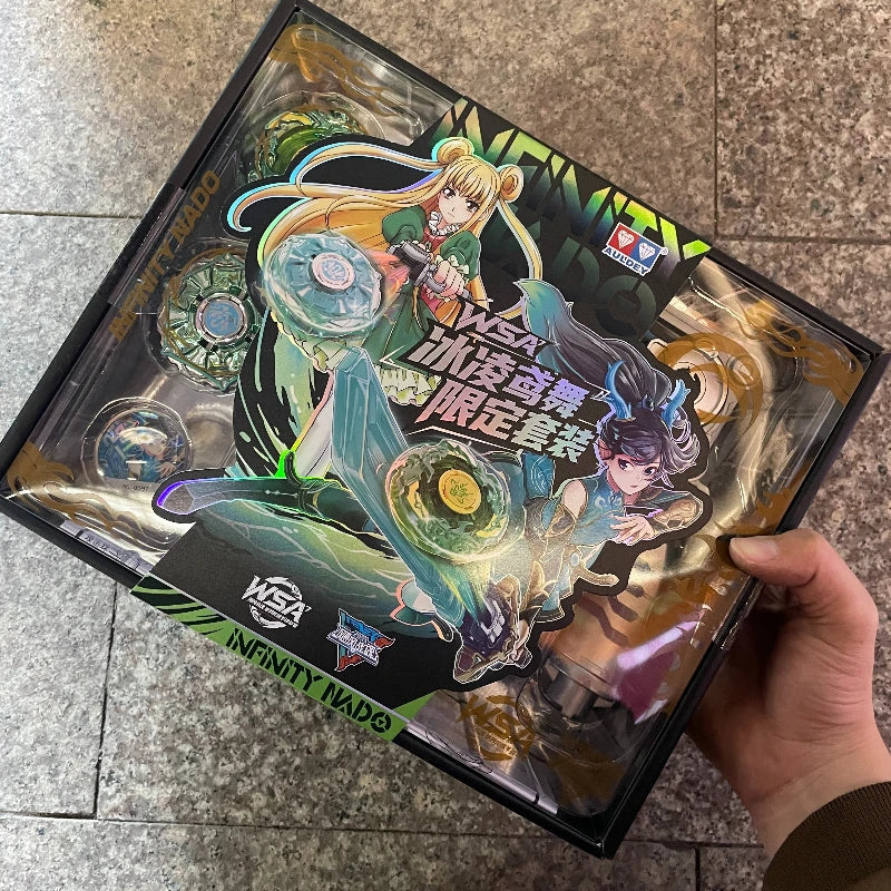 A boxed model kit of the WSA Infinity Nado Spin Force Battle Top with Launcher featuring an anime-style character.