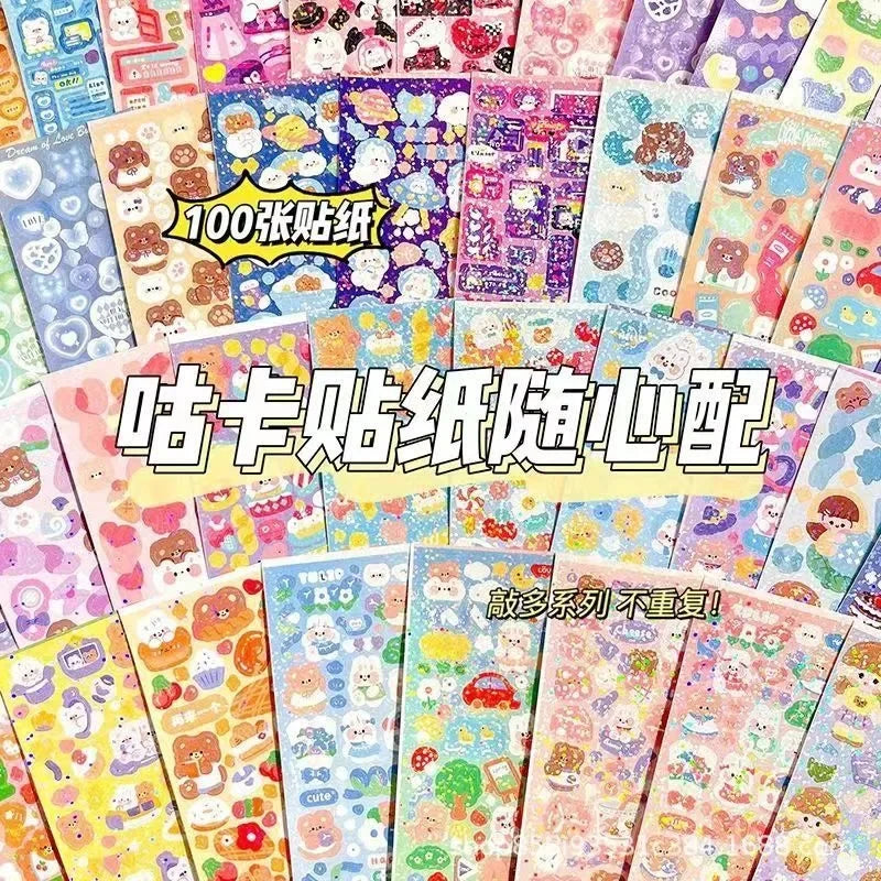 Eine Sammlung farbenfroher Kawaii-Cartoon-Tier-Scrapbook-Sticker in verschiedenen Designs und Farben.