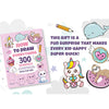 Buntes Zeichenbuch für Kinder mit Illustrationen von Tieren und Figuren, einem Bleistift und einem Meerestier.