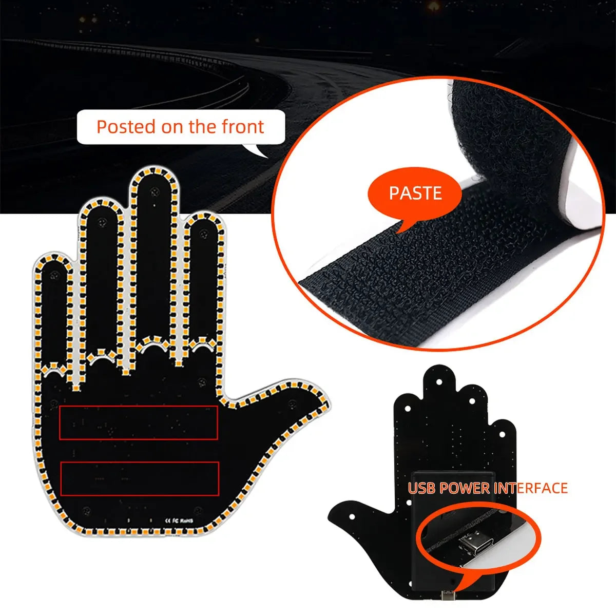 A black silicone remote control for an LED middle finger car light, showing the front and USB power interface.