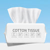 Paquete blanco de pañuelos de algodón con iconos que indican usos como para bebé, acné, periodo menstrual, piel sensible y ma