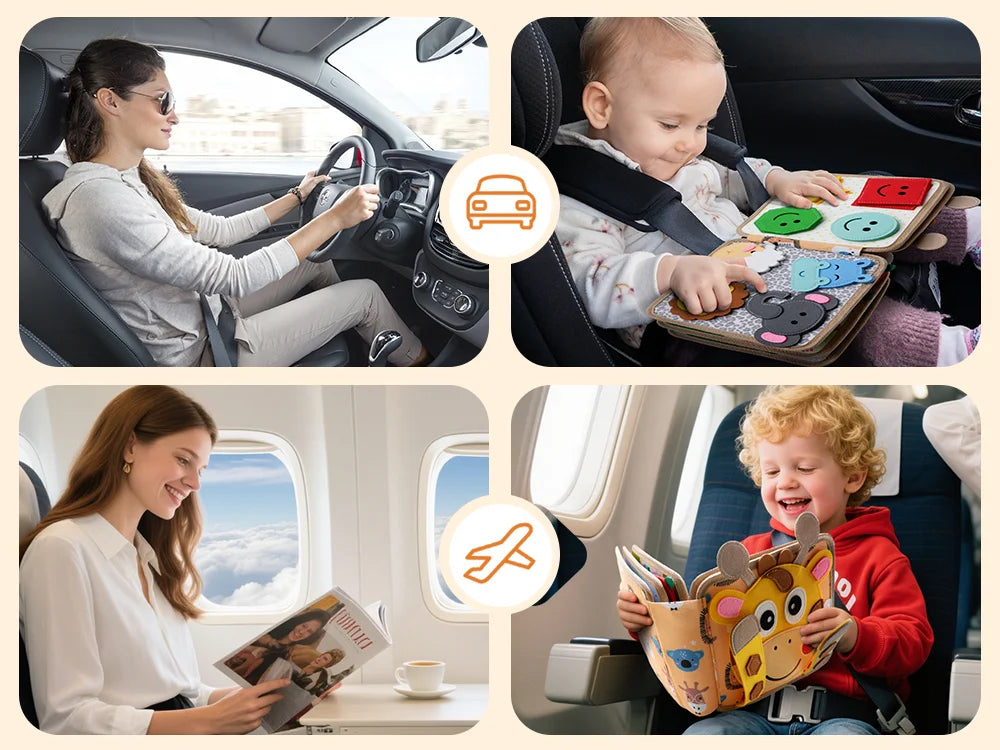 A woman uses a Montessori giraffe busy board quiet book with a toddler in the car and another child playing with it.