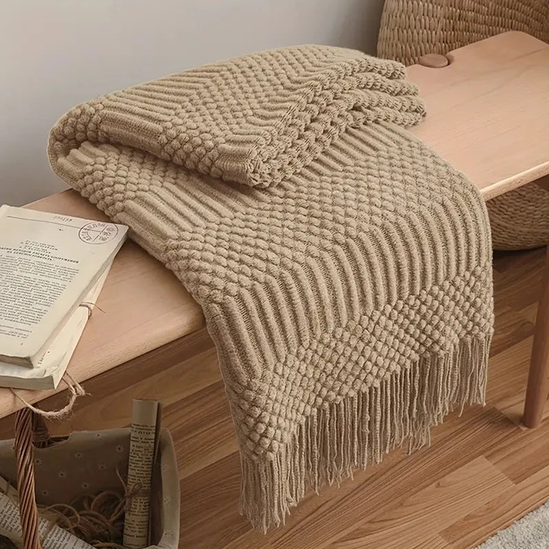 Khaki Knitted Throw Blanket with Tassels
