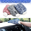 A set of microfiber car wash mitts in red, gray, and blue are shown for protecting paint during car detailing.