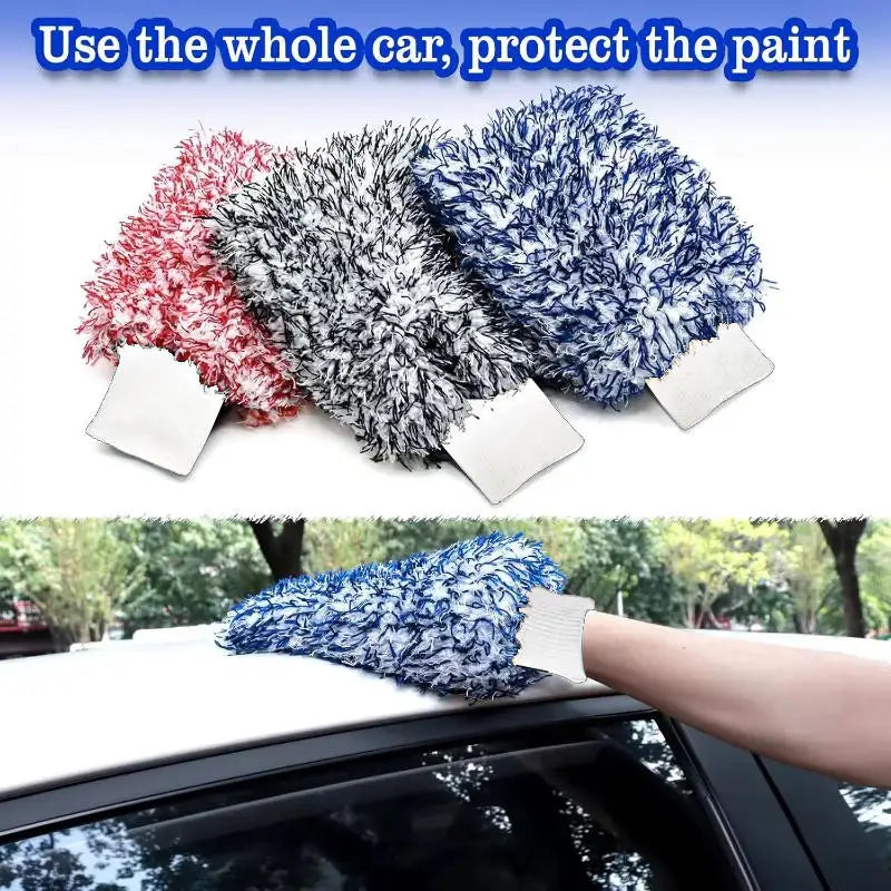 A set of microfiber car wash mitts in red, gray, and blue are shown for protecting paint during car detailing.