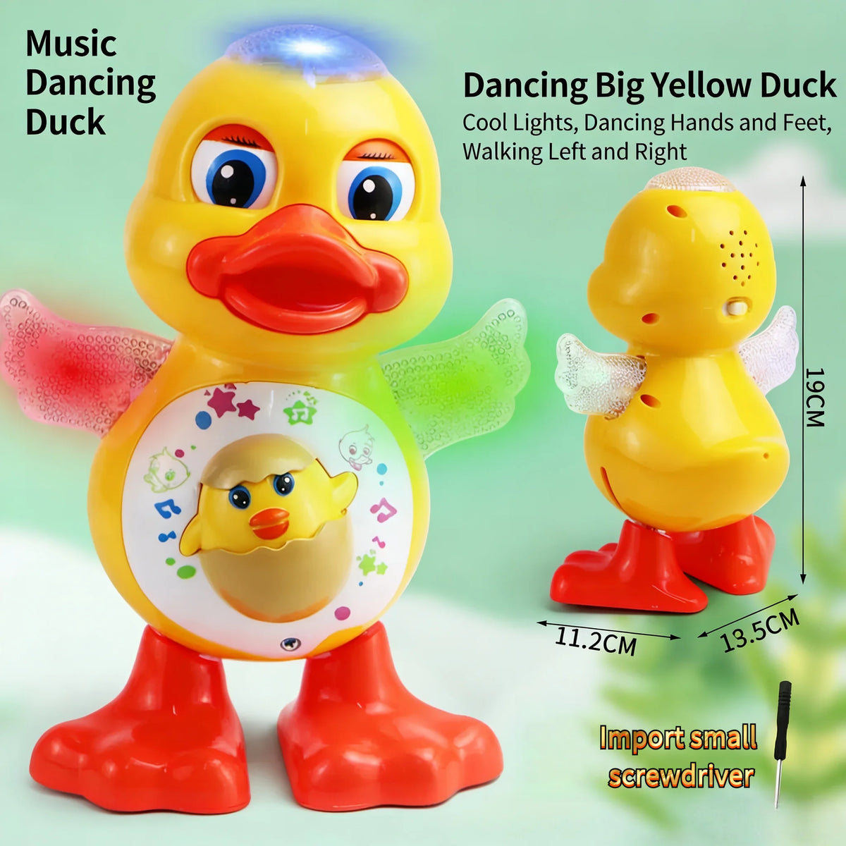 A yellow duck toy designed for dancing with lights, hands, and feet.