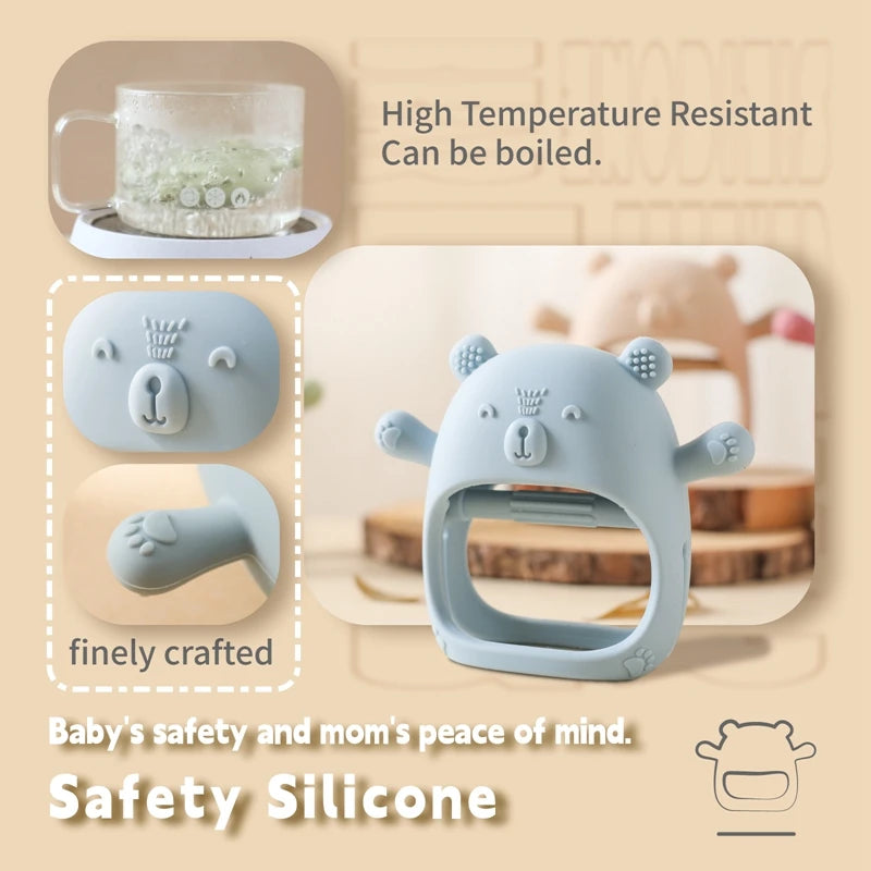 Baby Teething Gloves with Cartoon Bear Design