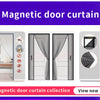 A magnetic door curtain in gray fabric shown installed on a glass door, with various patterns and installation options displa