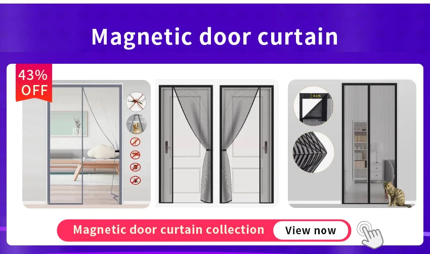 A magnetic door curtain in gray fabric shown installed on a glass door, with various patterns and installation options displa