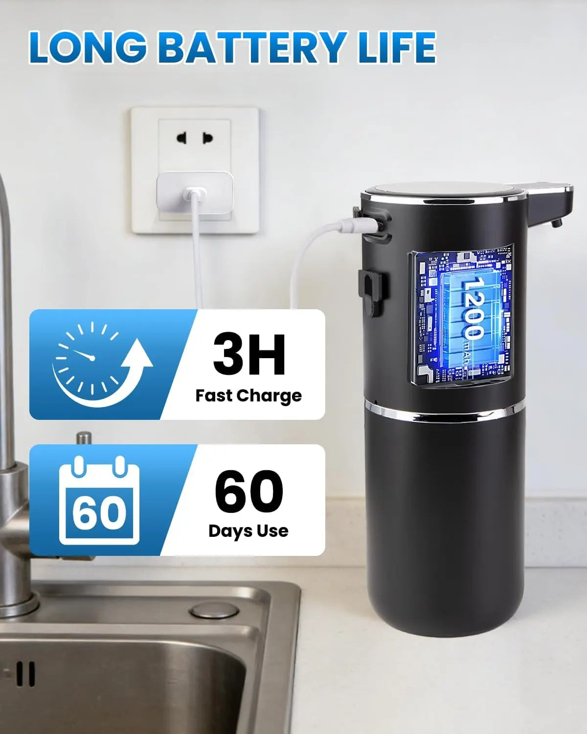 A black touchless automatic soap dispenser with a digital display is shown next to a wall outlet and a sink.