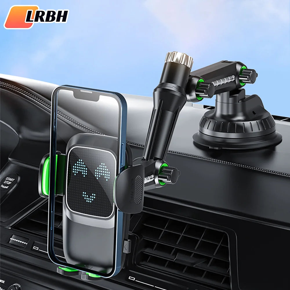 Sujetador universal negro para teléfono, montado en el coche y sosteniendo un smartphone.