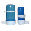 A blue hanging bird feeder and water dispenser with white components.