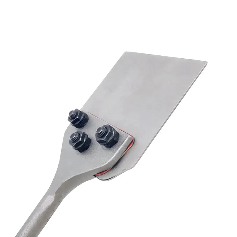 Silver SDS Plus floor scraper with a replacement blade set attached.
