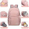 A pink backpack with multiple storage features including front auxiliary bags, zipper pouches, and internal storage.