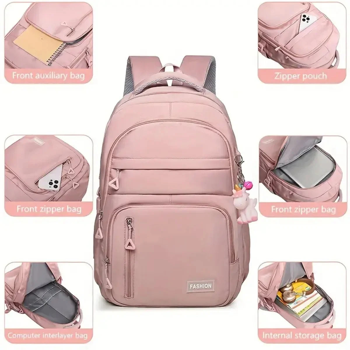 A pink backpack with multiple storage features including front auxiliary bags, zipper pouches, and internal storage.
