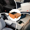 A car armrest cushion with cup holders and storage features is shown in various angles.