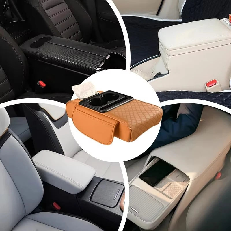 A car armrest cushion with cup holders and storage features is shown in various angles.